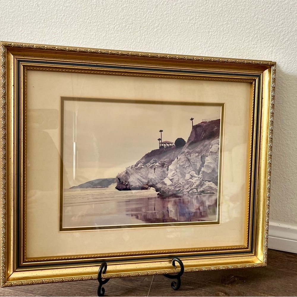 Framed Coastal Landscape Art in gold frame 17/22 inches